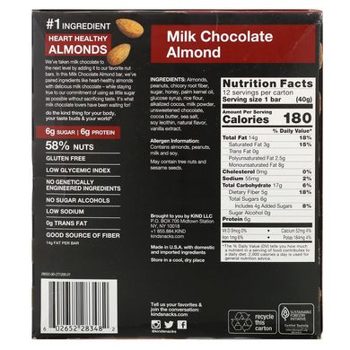 Молочный шоколад, миндаль, Milk Chocolate, Almond, KIND Bars, 12 батончиков по 40 г каждый купить в Киеве и Украине