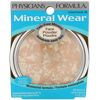Mineral Wear, Мінеральна пудра для обличчя, SPF16, напівпрозорий, Physicians Formula, 0,3 унції (9 г)