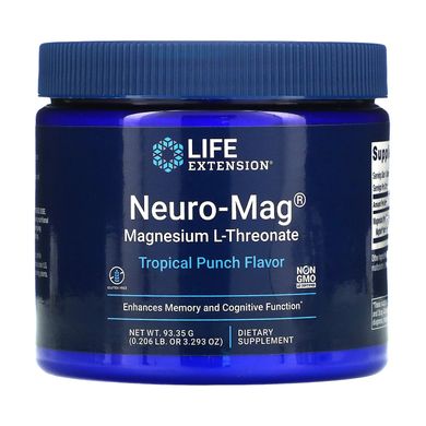 Магній для пам'яті і когнітивної функції, L-Треонат магнію, смак тропічного пуншу, Neuro-Mag, Magnesium L-Threonate, Tropical Punch Flavor, Life Extension, 93,35 г