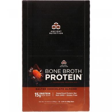 Protein bar in bone broth, Salty chocolate and almond, Dr. Axe / Ancient Nutrition, 12 bars, 2.04 oz (58 g) each.