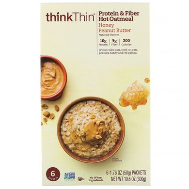 Вівсянка з протеїнами і клітковиною для приготування гарячих страв, арахісова паста з медом, ThinkThin, 6 пакетів по 50 г (1,76 унції)