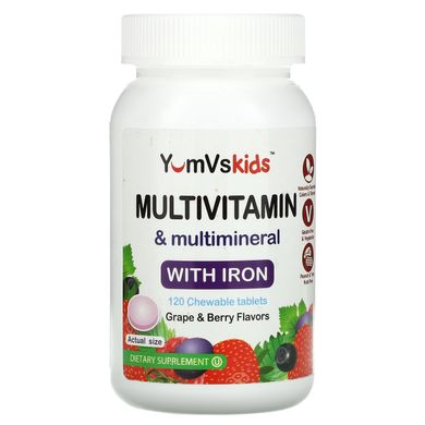 YumV's, Мультивітаміни та мультимінерали зі смаком заліза, винограду та ягід, 120 жувальних таблеток
