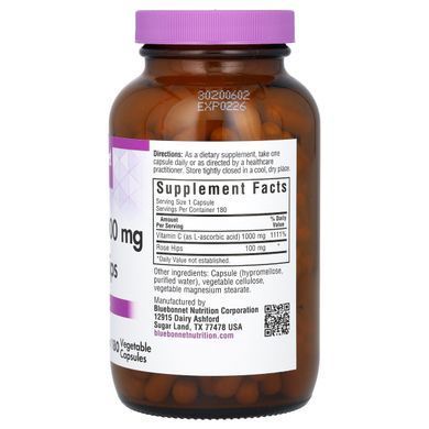 Vitamin C with rose hips Bluebonnet Nutrition (Vitamin C-1000 mg Plus Rose Hips) 1000 mg/25 mg 180 capsules.