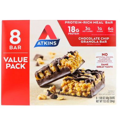 Гранола-батончик з шоколадною стружкою, Atkins, 8 батончиків, 1,69 унції (48 г)