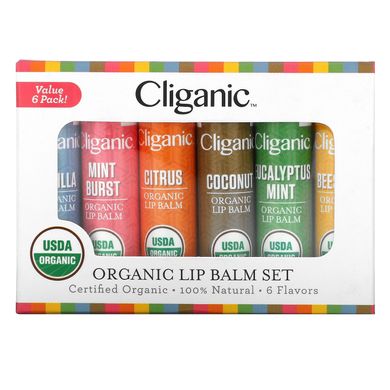 Cliganic, Набір органічних бальзамів для губ, 6 упаковок, по 0,15 рідкої унції (4,25 мл) кожна