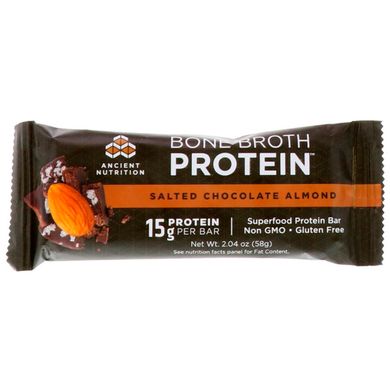Протеїновий батончик на кістковому бульйоні, Солоний шоколад і мигдаль, Dr Axe / Ancient Nutrition, 12 баточніков, 2,04 унц (58 г) кожен