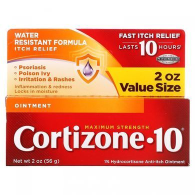 Cortizone 10, 1%-на мазь проти сверблячки з гідрокортизоном, водостійка, максимальна сила, 2 унції (56 г)