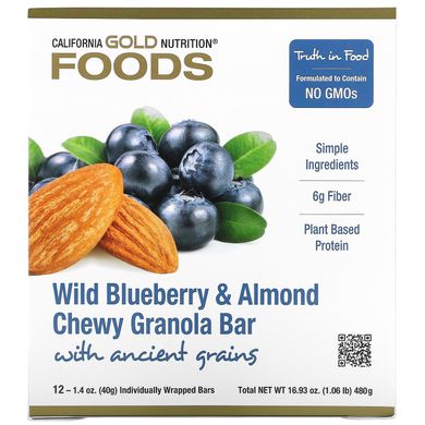 Жевательные батончики с мюслями с дикой черникой и миндалем California Gold Nutrition (Foods Wild Blueberry & Almond Chewy Granola Bars) 12 батончиков по 40 г купить в Киеве и Украине