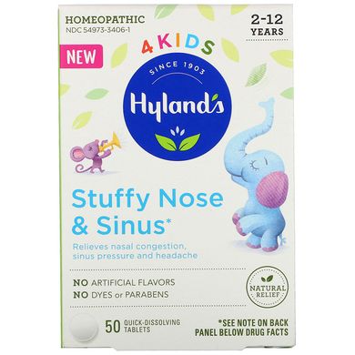 Дитячий препарат від закладеного носа і для носових пазух, 2-12 років, 4 Kids, Stuffy Nose and Sinus, 2-12 Years, Hyland's, 50 швидко розчиняється таблеток
