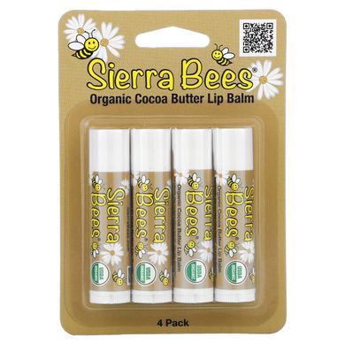 Органические бальзамы для губ, масло какао, Sierra Bees, 4 в упаковке, по 4,25 г (0,15 унц.) каждый купить в Киеве и Украине