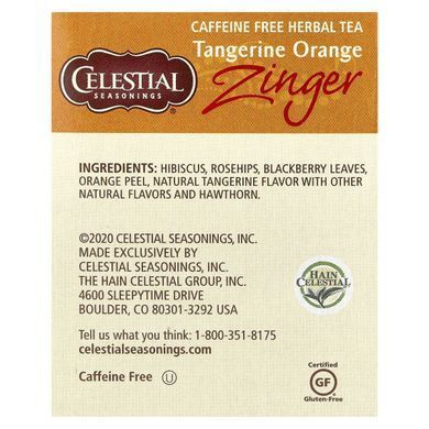 Трав'яний чай без кофеїну Zinger, Мандариново-апельсиновий заряд, Celestial Seasonings, 20 чайних пакетиків, 1,7 унції (47 г)