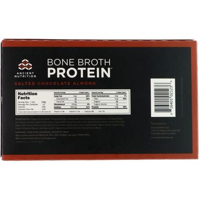 Протеїновий батончик на кістковому бульйоні, Солоний шоколад і мигдаль, Dr Axe / Ancient Nutrition, 12 баточніков, 2,04 унц (58 г) кожен