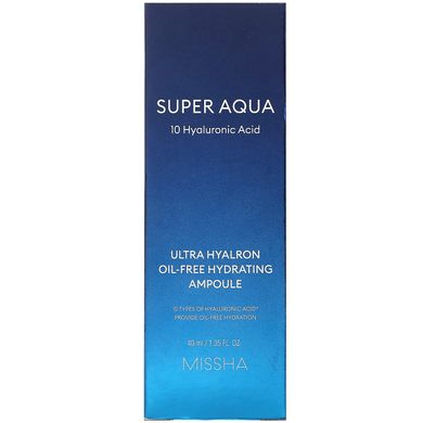 Missha, Super Aqua, Зволожуюча ампула без олії з ультра гіалроном, 1,35 рідких унцій (40 мл)