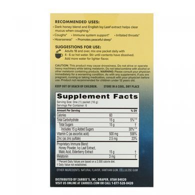 Reduction of painful throat symptoms, with cough, expectoration, evening drink, natural apple-spice flavor, Zarbees, 6 packets, 3.4 oz (96 g).
