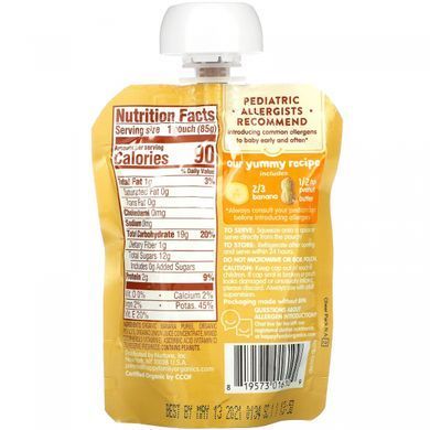 Happy Family Organics, Happy Baby, горіхові суміші, від 6 місяців, органічні банани з 1/2 чайної ложки арахісової олії, 3 унції (85 г)
