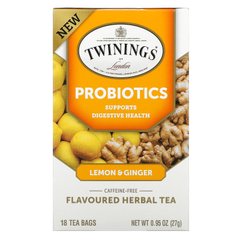 Twinings, Трав'яний чай зі смаком пробіотиків, лимон та імбир, без кофеїну, 18 чайних пакетиків, 0,95 унції (27 г)