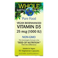 Natural Factors, Whole Earth & Sea, веганський біопосилений вітамін D3, 25 мкг (1000 МО), 90 вегетаріанських капсул