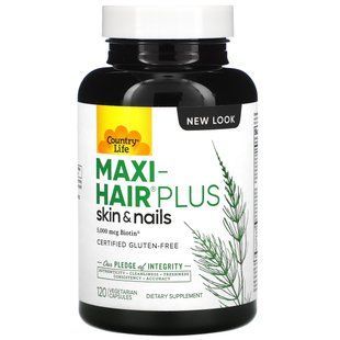 Препарат для волос, Maxi Hair Plus, Country Life, 5000 мкг, 120 растительных капсул купить в Киеве и Украине