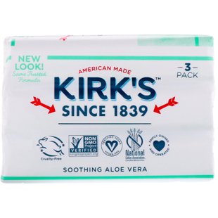 Нежное Кастильское Мыло, Успокаивающее Алоэ Вера, Gentle Castile Soap Bar, Soothing Aloe Vera, Kirk's, 3 батончика, 4 унции (113 г) каждый купить в Киеве и Украине