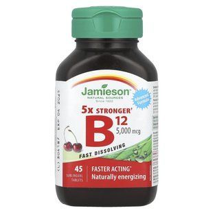 Jamieson Vitamins, 5X Stronger Vitamin B12, натуральна вишня, 5000 мкг, 45 сублінгвальних таблеток