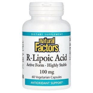 Natural Factors, R-липоевая кислота +, 100 мг, 60 вегетарианских капсул купить в Киеве и Украине