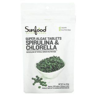 Spirulina and Chlorella in Sunfood tablets (Spirulina & Chlorella Super Algae Tablets) 250 mg 228 tablets