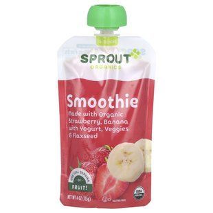 Смузи, клубника и банан с йогуртом, овощами и семенами льна, Smoothie, Strawberry Banana with Yogurt, Veggies & Flax Seed, Sprout Organic, 113 г купить в Киеве и Украине