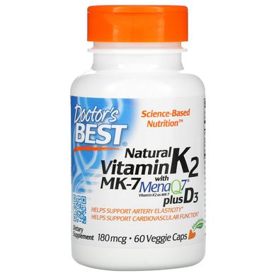 Натуральний вітамін K2 плюс Д3 з MK-7, Natural Vitamin K2 MK-7 with MenaQ7 plus Vitamin D3, Doctor's Best, 180 мкг, 60 вегетаріанських капсул