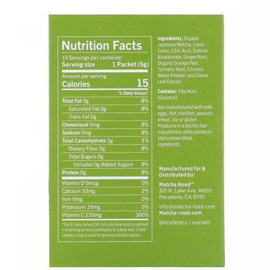 Matcha + Vitamin C, drink mix from superfoods with citrus and ginger flavor, Matcha Road, 10 packets of 5 g (0.18 oz).