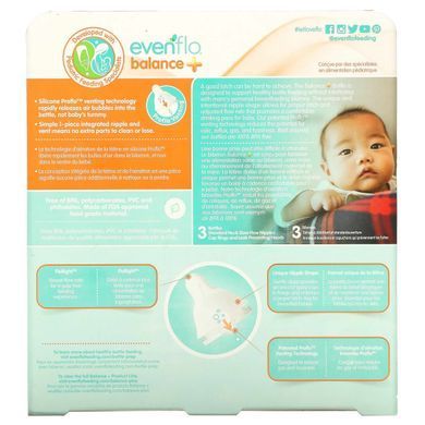 Evenflo Feeding, Balance +, стандартные, для детей от 0 месяцев, с медленным потоком, 3 флакона по 270 мл (9 унций) купить в Киеве и Украине