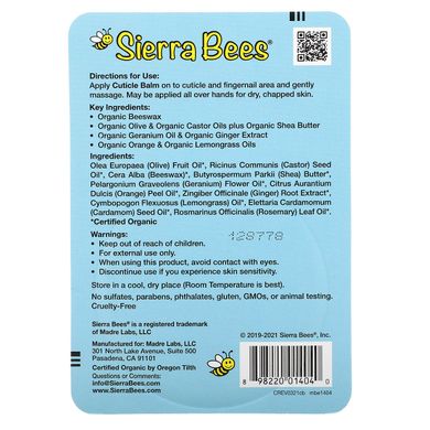 Бальзам для догляду за кутикулою, герань, апельсин і лемонграсс, Sierra Bees, 17 г
