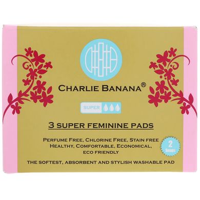 Супер прокладки для жінок, Біла, Charlie Banana, 3 прокладки + 1 сумка