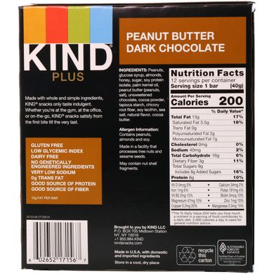 Батончики з арахісовим маслом темним шоколадом і протеїном KIND Bars (Plus Fruit & Nut Bars) 12 бат.