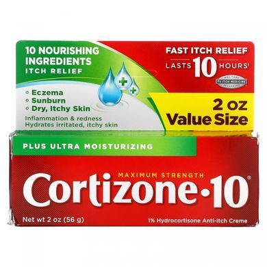 Cortizone 10, крем проти сверблячки з 1% гідрокортизоном, плюс ультра-зволожуючий, максимальна сила, 2 унції (56 г)