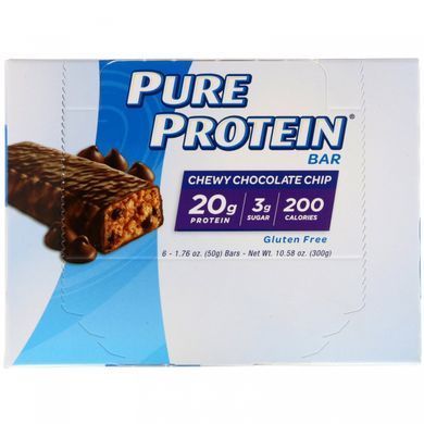 Chewy bar with chocolate chips, Pure Protein, 6 bars, 1.76 oz (50 g) each.