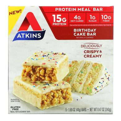 Atkins, Protein Meal Bar, батончик на день народження, 5 батончиків, 1,69 унції (48 г) кожен