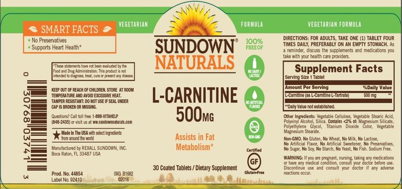 L-Карнитин, Sundown Naturals, 500 мг, 30 таблеток купить в Киеве и Украине
