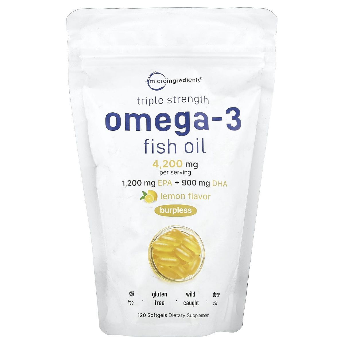 Micro Fish Oil Micro Ingredients, Omega-3 Fish Oil, Triple Strength, Lemon, 4,200 mg ...