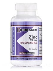 Цинк, гіпоалергенний, Zinc, Hypoallergenic, Kirkman labs, 20 мг, 250 капсул