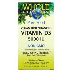 Natural Factors, Whole Earth & Sea, веганський біопосилений вітамін D3, 5000 МО, 60 вегетаріанських капсул