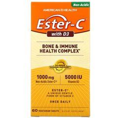 Естер-C з D3, оздоровлювальний комплекс для кісток та імунітету, American Health, 1000 мг / 5000 МО, 60 вегетаріанських таблеток