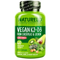 NATURELO, Вітамін K2 + D3, з нуту та лишайника, 60 вегетаріанських капсул
