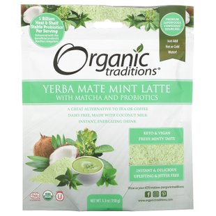 Organic Traditions, Мятный латте Yerba Mate с маття и пробиотиками, 5,3 унции (150 г) купить в Киеве и Украине