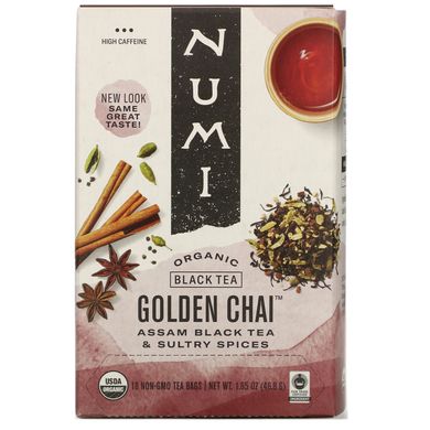 Органічний чорний чай, із середнім вмістом кофеїну, Золотий чай, Numi Tea, 18 чайних пакетиків, 1,65 унції (46,8 г)