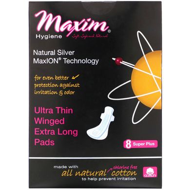Ультра тонкі крилаті подовжені прокладки, технологія MaxION з натурального срібла, Super Plus, Maxim Hygiene Products, 8 прокладок