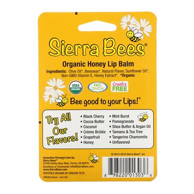 Органический бальзам для губ Sierra Bees (Organic Lip Balm) 4 штуки в упаковке мед купить в Киеве и Украине