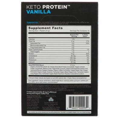 Keto Protein, кетогенная паливо, ваніль, Dr Axe / Ancient Nutrition, 15 окремих порційних пакетиків, 1,09 унц (31 г) кожен