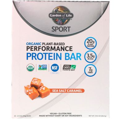 Батончики з рослинним білком морська сіль карамель для веганів Garden of Life (Protein Bar Sport) 12 шт. по 70 г