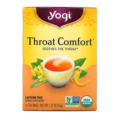 Органічний, Throat Comfort без кофеїну, Yogi Tea, 16 чайних пакетиків, 127 унцій (36 г)