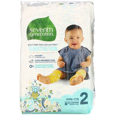 Для малюків, Чисті та сухі підгузники, Розмір 2, 12-18 фунтів (5-8 кг), Seventh Generation, 36 підгузників